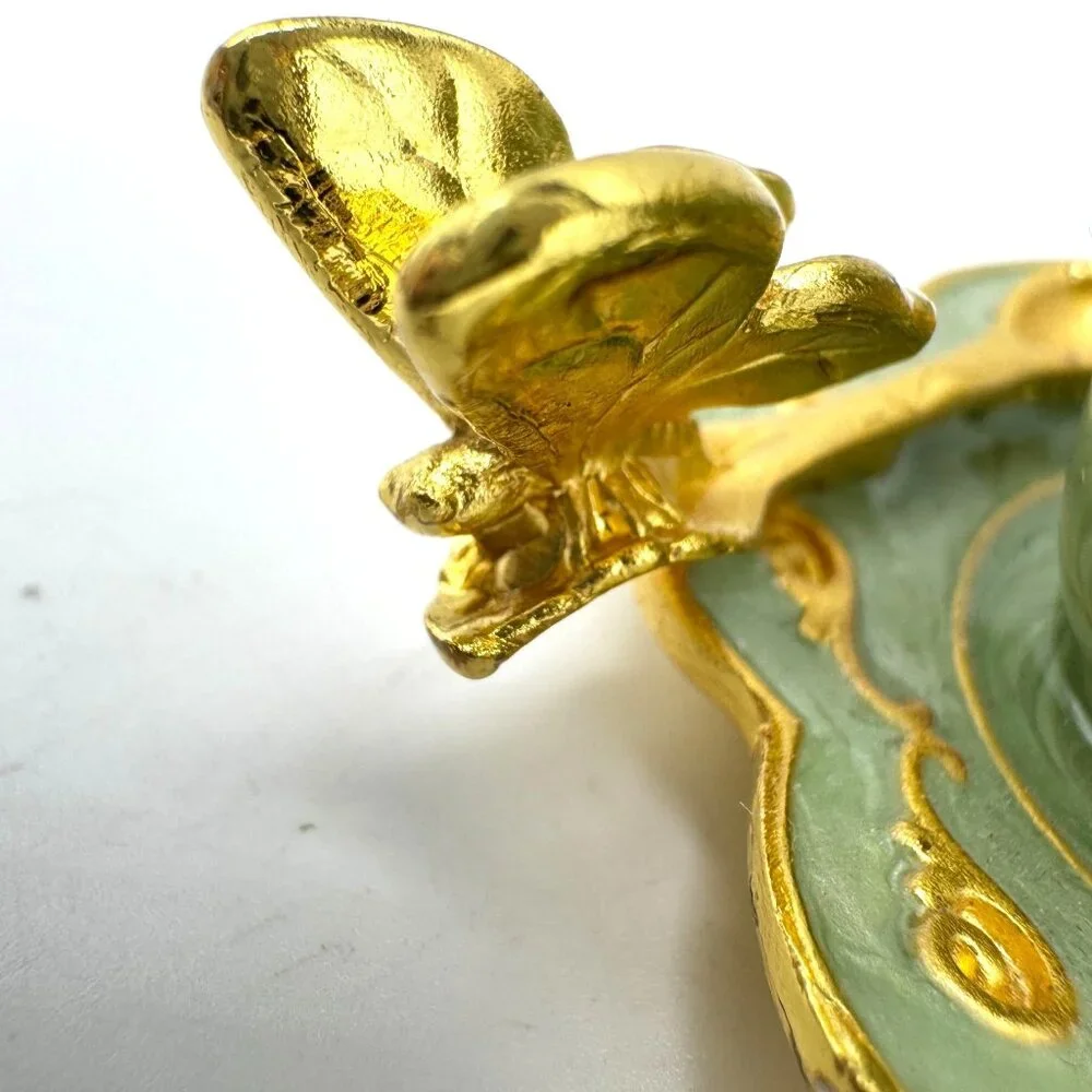 Ornate Tea Cup Jewelry Box Gold Rhinestone Embellishments Butterfly Green